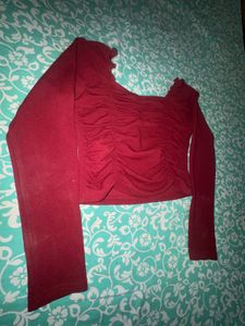 Chic Maroon Ruched Long Sleeve Crop Top