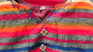 Red Flared Dress with Striped Yoke