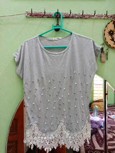 Grey Lace Trim Pearl Embellished Top