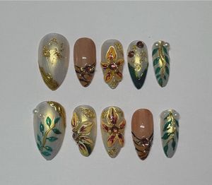 Press-On Nails with Floral & Gold Accents