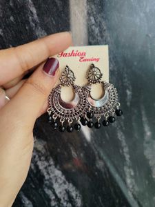 Oxidized Silver Earrings with Black Bead