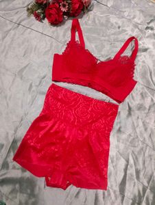Red Lace Bra and High-Waisted Shorts Set