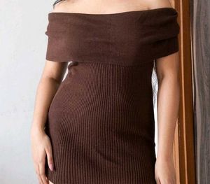 Brown Off-Shoulder Knit Dress