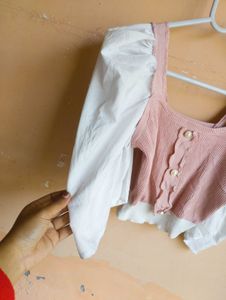 🤍Pink &amp; White Puff Sleeve Top🤍