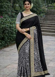 Elegant Black Saree with Animal Print