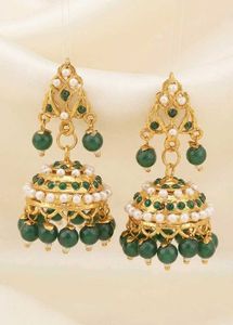 Elegant Gold Jhumka Earrings with Green Beads