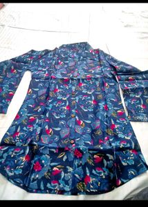Blue Floral Print Long Sleeve Tunic Top