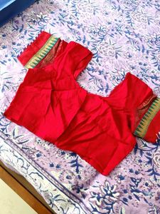 Vibrant Red Saree with Golden Border
