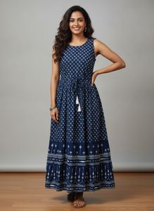 Blue Printed Sleeveless Maxi Dress