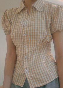 Brown Gingham Puff Sleeve Top