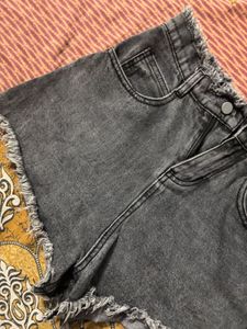 Grey Frayed Denim Shorts
