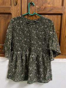 Green Floral Smocked Peplum Top