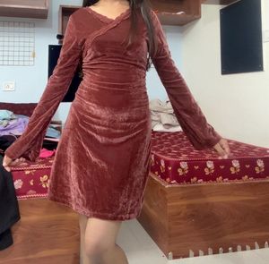 Velvet V-Neck Floral Lace trim Mini Dress
