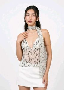Sheer Leaf Print Halter Neck Top❤️‍🔥