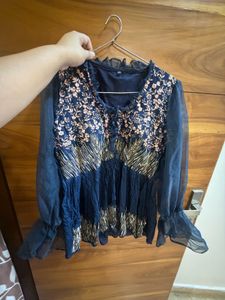 Navy Blue Embroidered Blouse