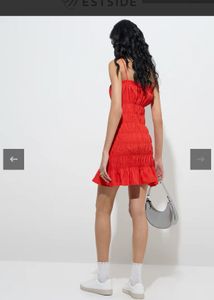 Red Smocked-Detailed Cotton Tiered Dress
