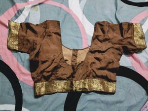 Elegant Brown Silk Blouse with Gold Trim