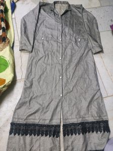 Gray Duster with Lace Trim