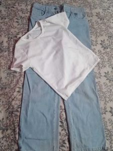 Cargo Wide Leg Jeans & White T-Shirt Set