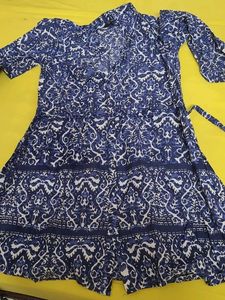 Blue & White Printed Wrap Dress