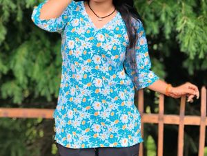 Blue Floral V-Neck short kurti