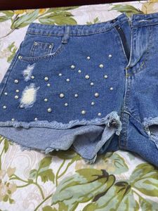 Blue Denim shorts with Pearl detailing