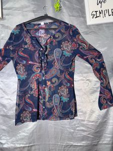 Sheer Paisley Print Button-Up Blouse