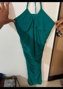 Elegant Teal Ruched Halter Neck Dress