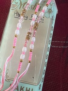 Cute Pink &amp; Gold Beaded Rakhi Set of 3