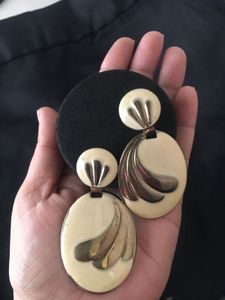 Vintage Brass and cream enamel dangle Earrings