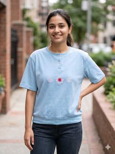 Light Blue Striped T-Shirt with Floral Detail