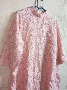 Pink Lace Mock Neck Top Sheer
