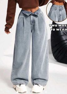 Wide Leg Pleated Denim Jeans