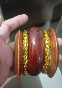 Wooden Bangles with Gold Chain Detail