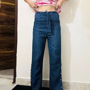 Stylish Denim Pearl Embellished Jeans