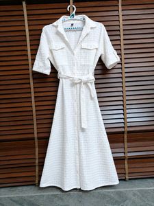 White Textured Waffle-Weave Belted Shirt Dress