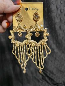 Gold Plated Stone Studded Long Dangler Earrings