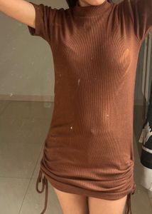 Brown Ribbed Bodycon Mini Dress