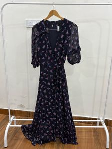 Navy Blue Floral Wrap Maxi Dress