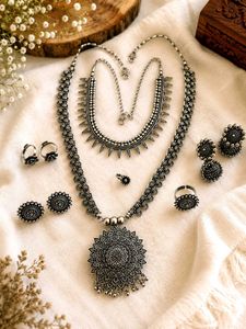 Oxidized Silver Mandala Necklace Set