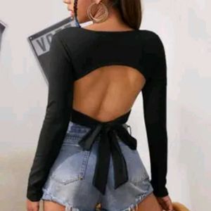 Black V-Neck Long Sleeve backless Crop Top