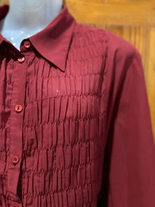 Chic Red Smocked Button-Up Shirt