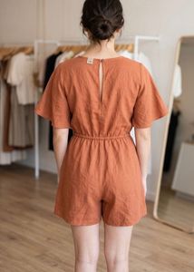 brown solid twist detail playsuit