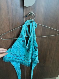 Boho Turquoise Embroidered Halter Top