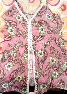 Pink Floral Print Kurti with Lace Trim