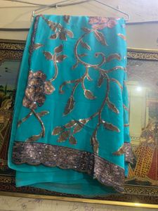 Teal &amp; Gold Sequin Indian Sari Blouse