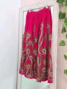 Soundarya Vibrant Pink Peacock Feather Print Skirt