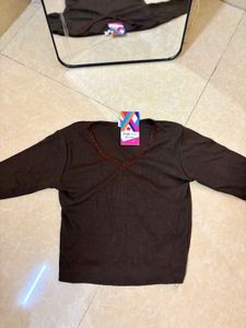 Brown Lace Trim V-Neck Long Sleeve Top
