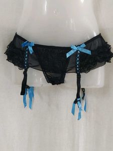 Lacy Black Garter Belt with Blue Bows