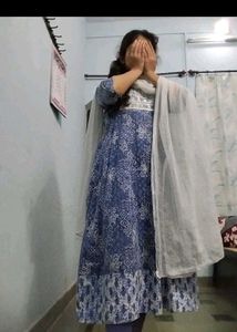 blue white cotton anarkali printed frock legi